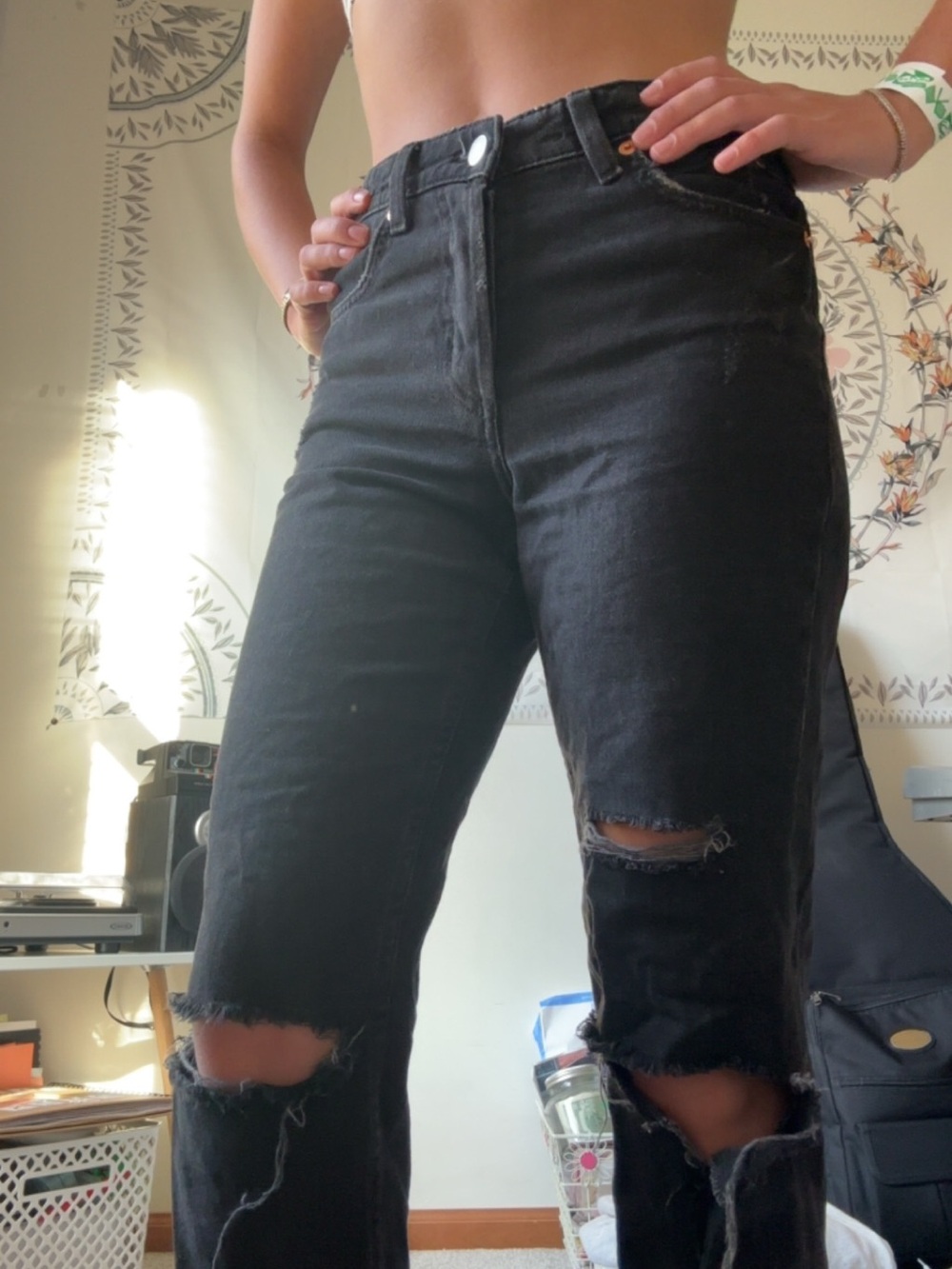 H&M Black High-Rise Ripped Ankle Jeans